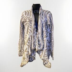 Dolled Up Large Open Front Aztec Geo Knit Cardigan Waterfall Drape Beige
